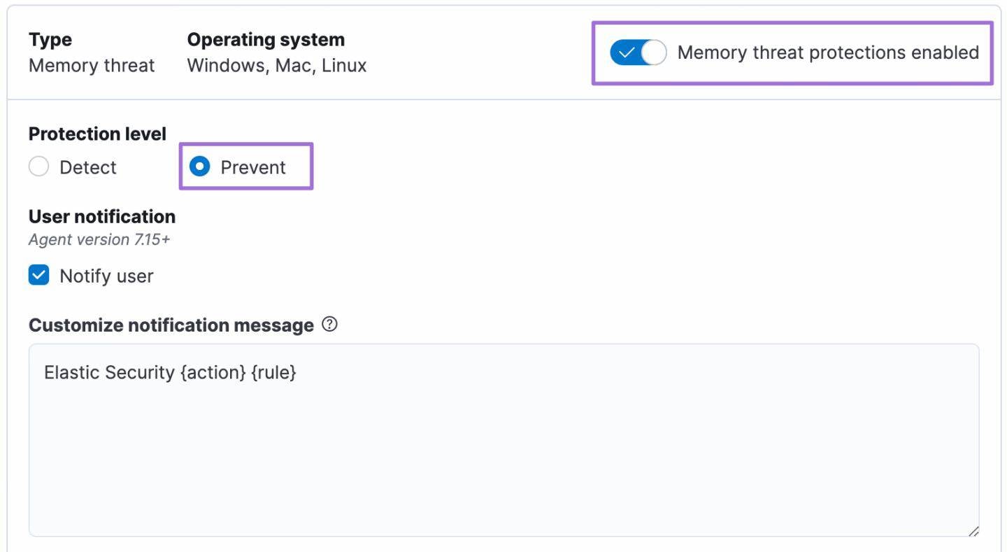 Enabling the Memory threat protection feature in Prevent mode