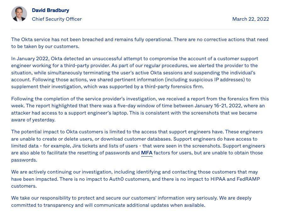 The updated statement provided by Okta, suggesting that no immediate action by customers is needed