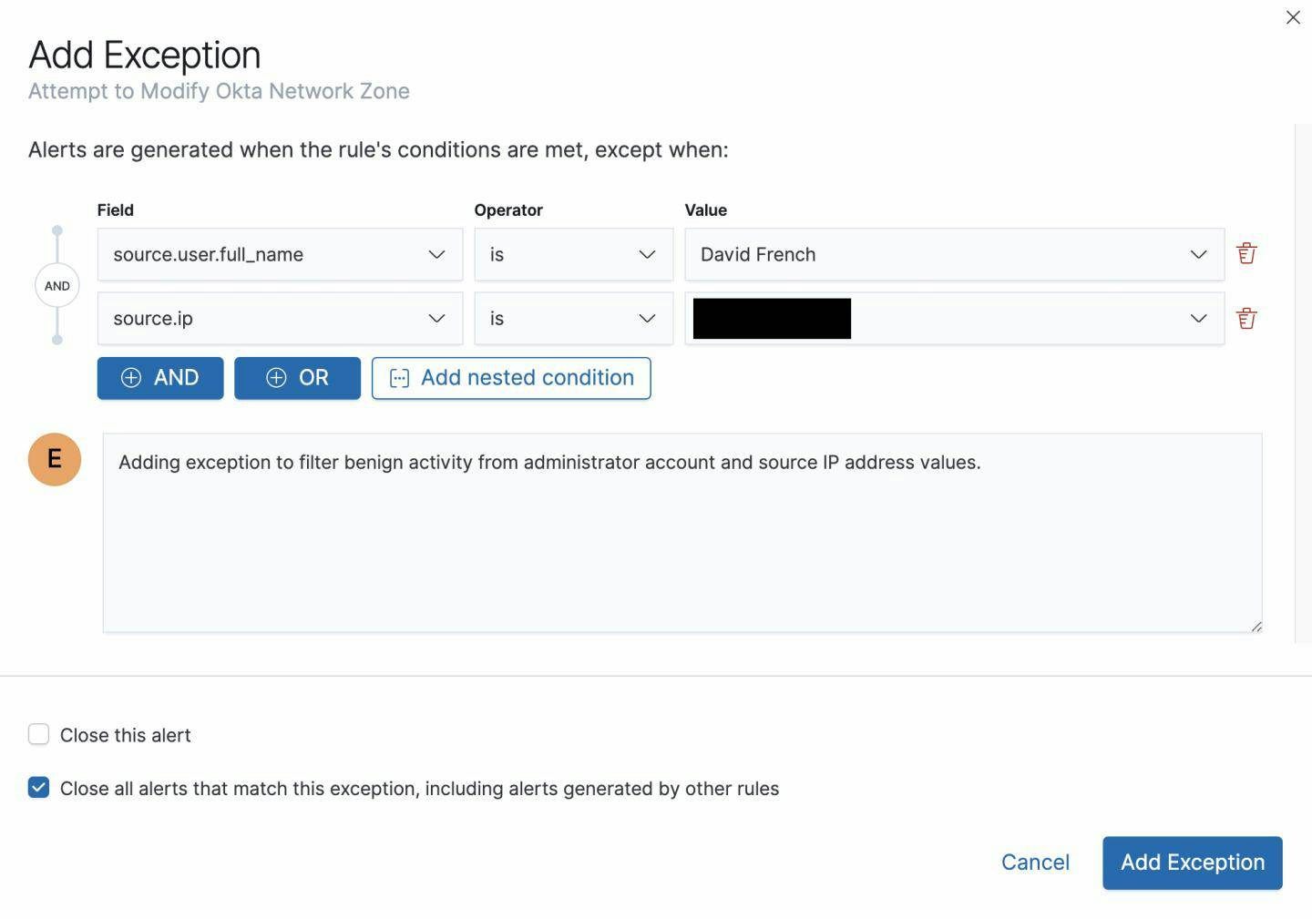Figure 9 - Adding an exception to an Okta rule in Elastic Security