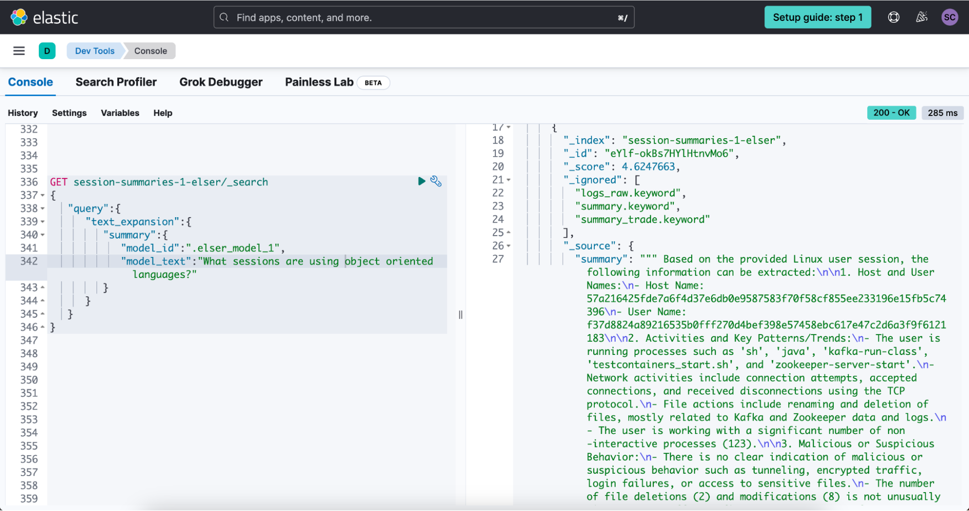 Example screenshot of using semantic search with the Elastic dev tools console