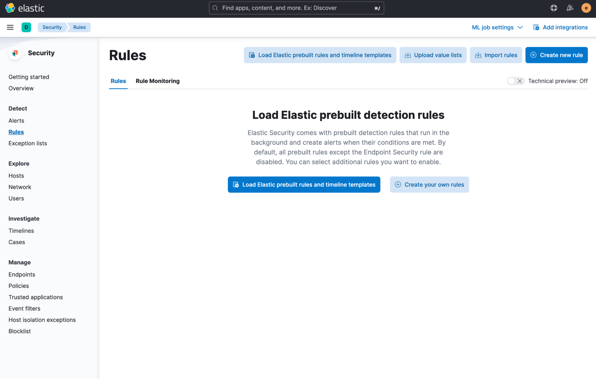 In order to enable and use the installed rules, you can navigate to Security > Rules and select Load Elastic prebuild rules and timeline templates.