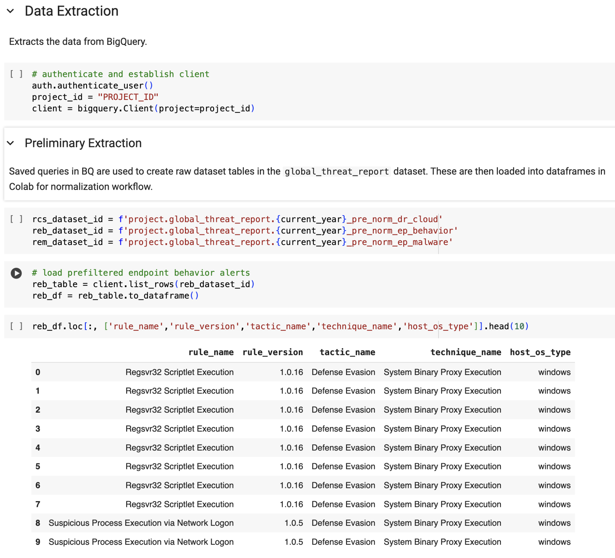 Colab Notebook snippet for data extraction from BigQuery into Pandas dataframe