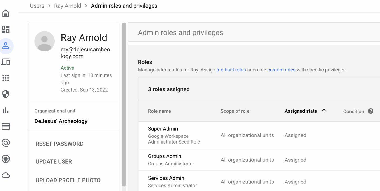 Ray Arnold user created in Google Workspace with admin privileges