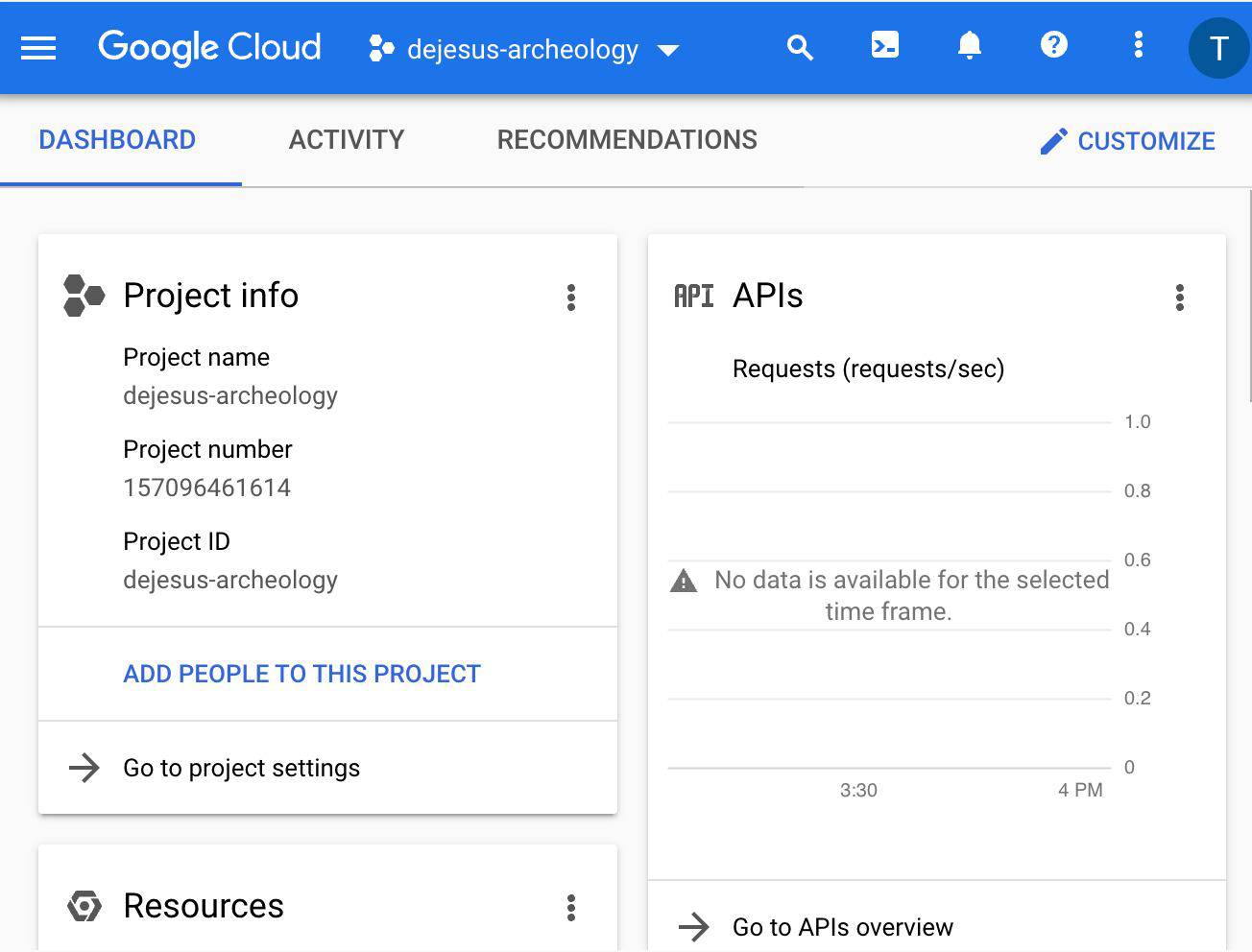 Project dashboard in Google Cloud