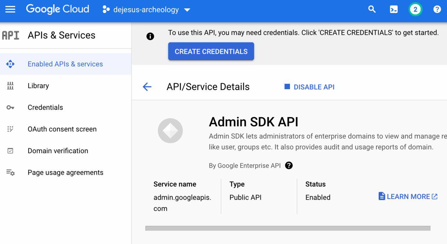 Admin SDK API enabled in GCP