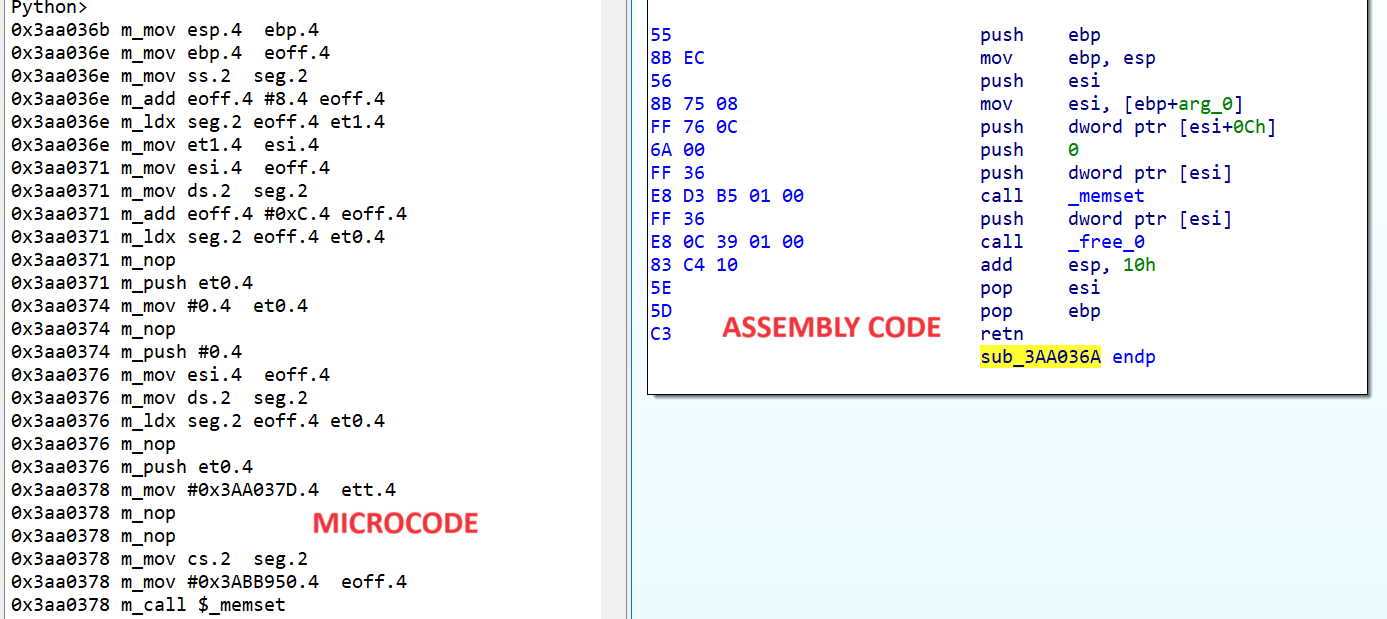Microcode traversal script’s output, assembly code