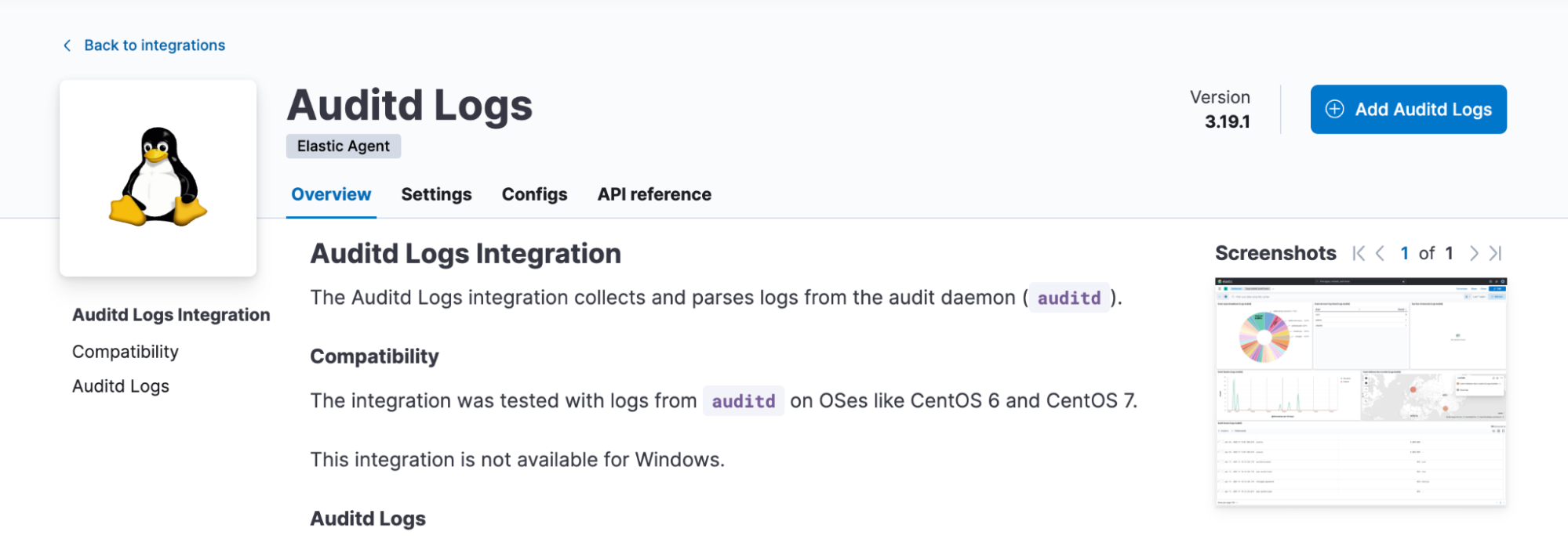 Auditd Logs integration page in Elastic