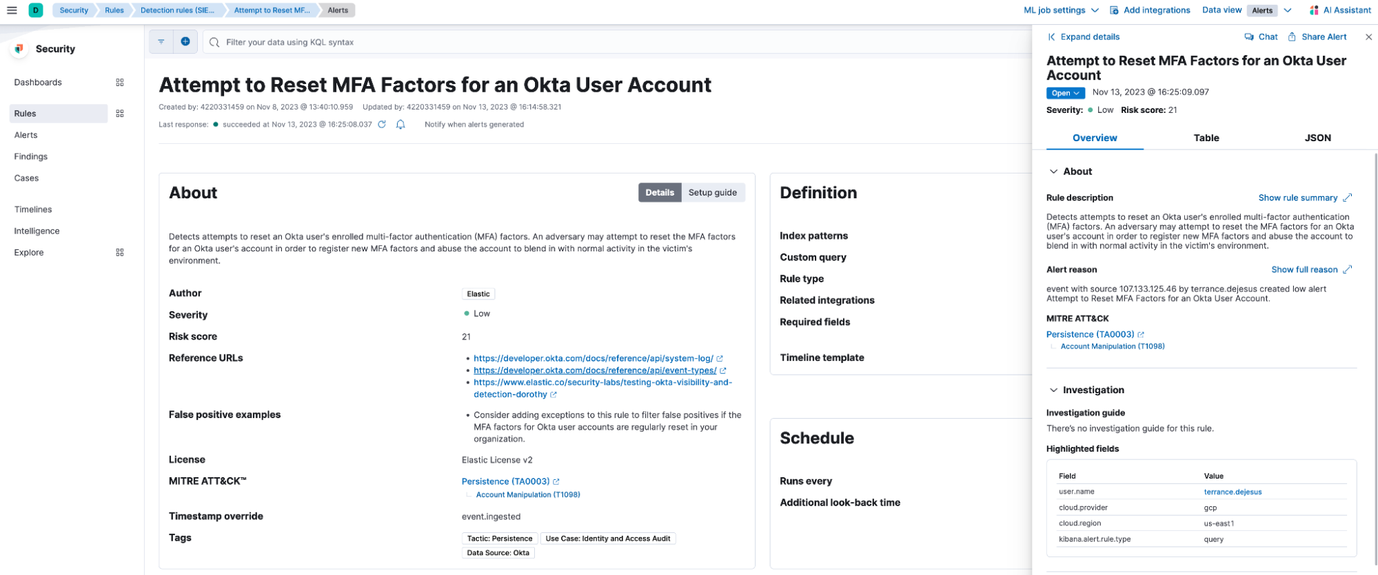 Alert page flyout for triggered OOB Okta detection rule