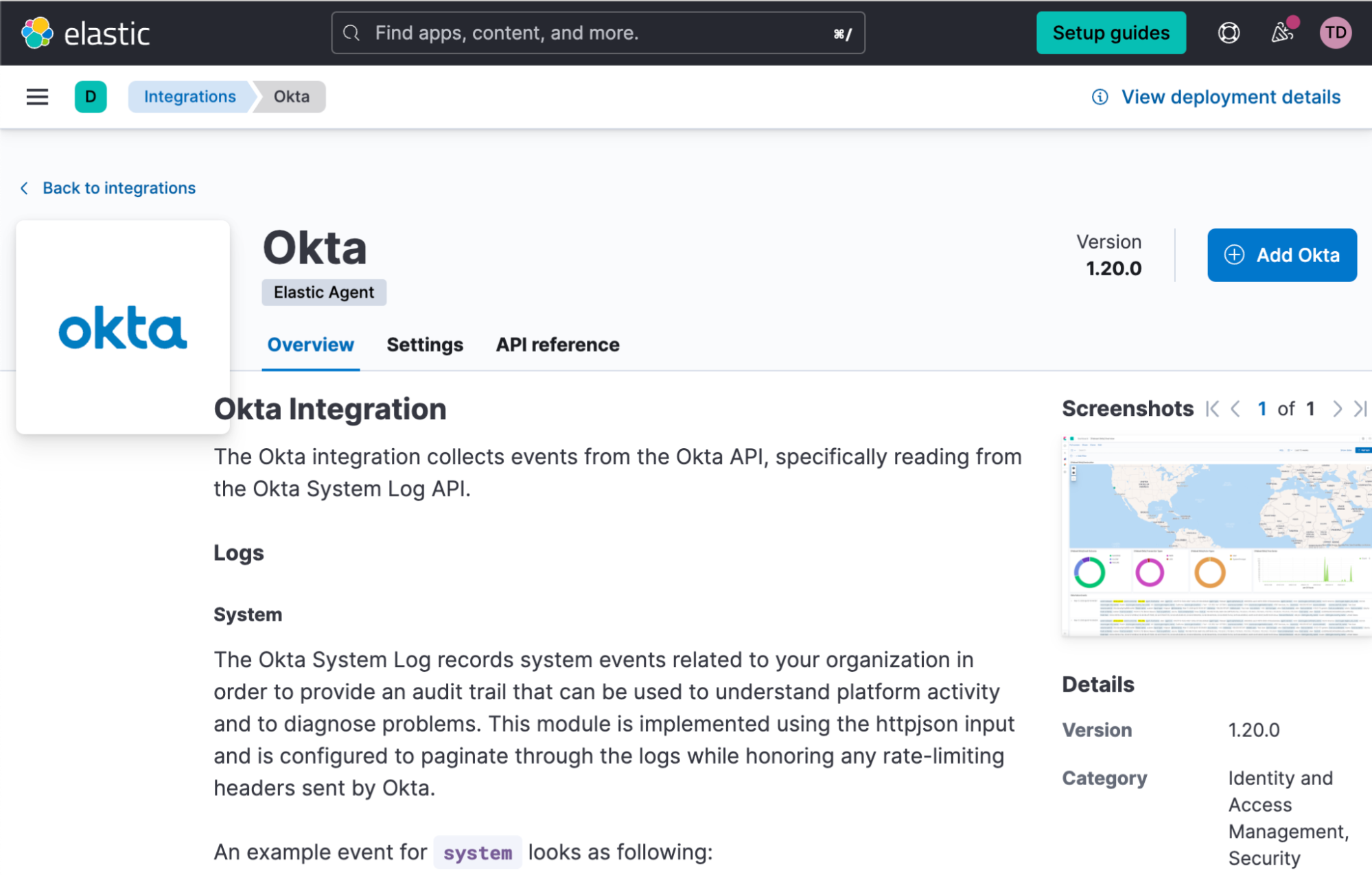 The Okta Integration page