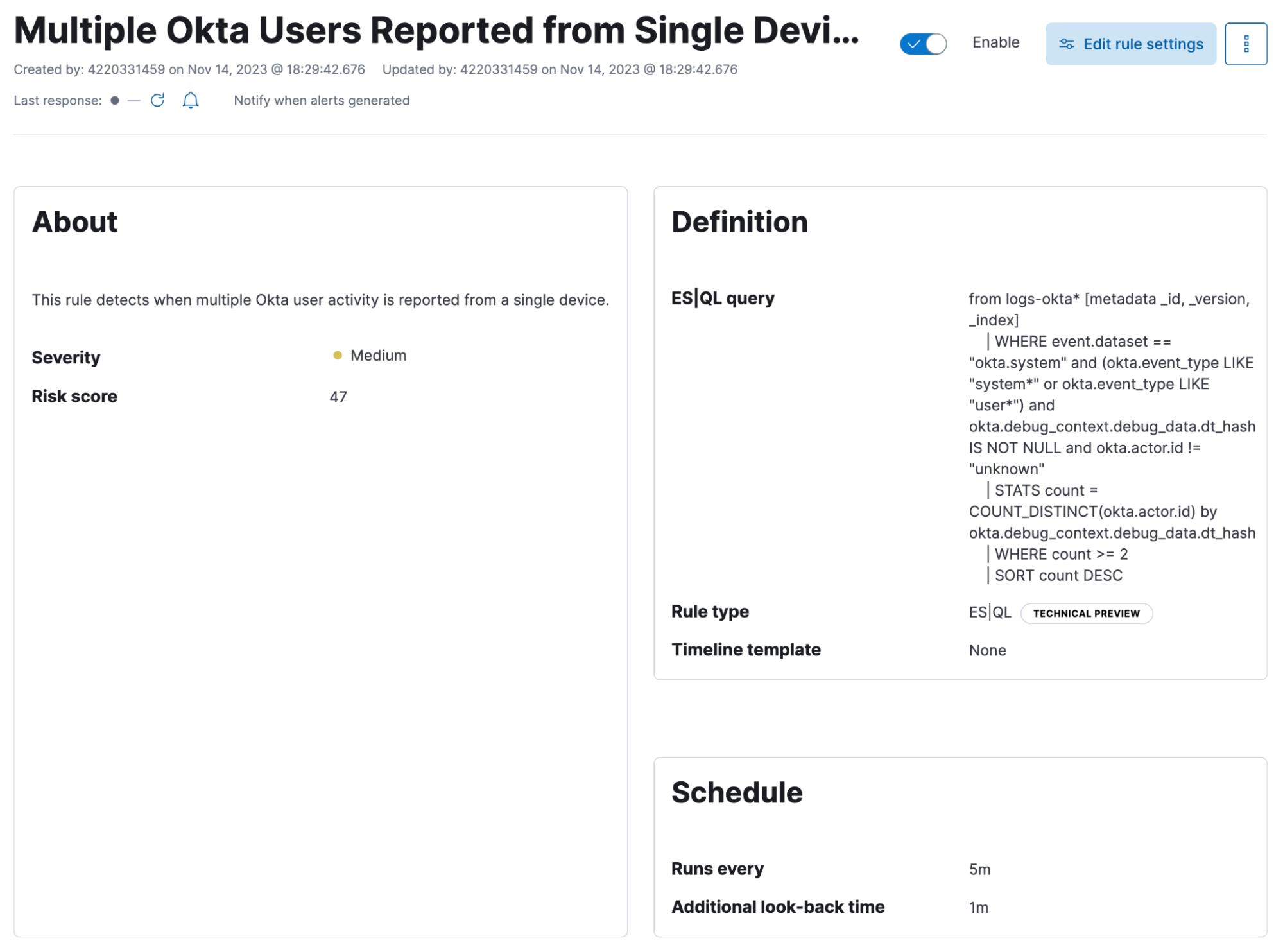 Enabled custom detection rule with ES|QL query for Okta threat