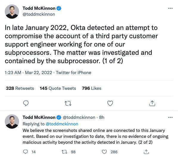 Todd McKinnon confirmed on Twitter some details surrounding the attack on Okta infrastructure via a subprocessor