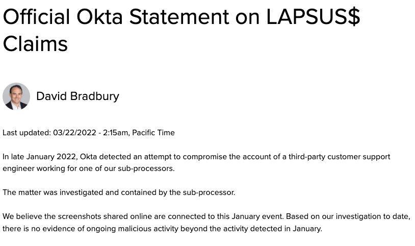 An official statement by David Bradbury, the CSO at Okta, posted March 22