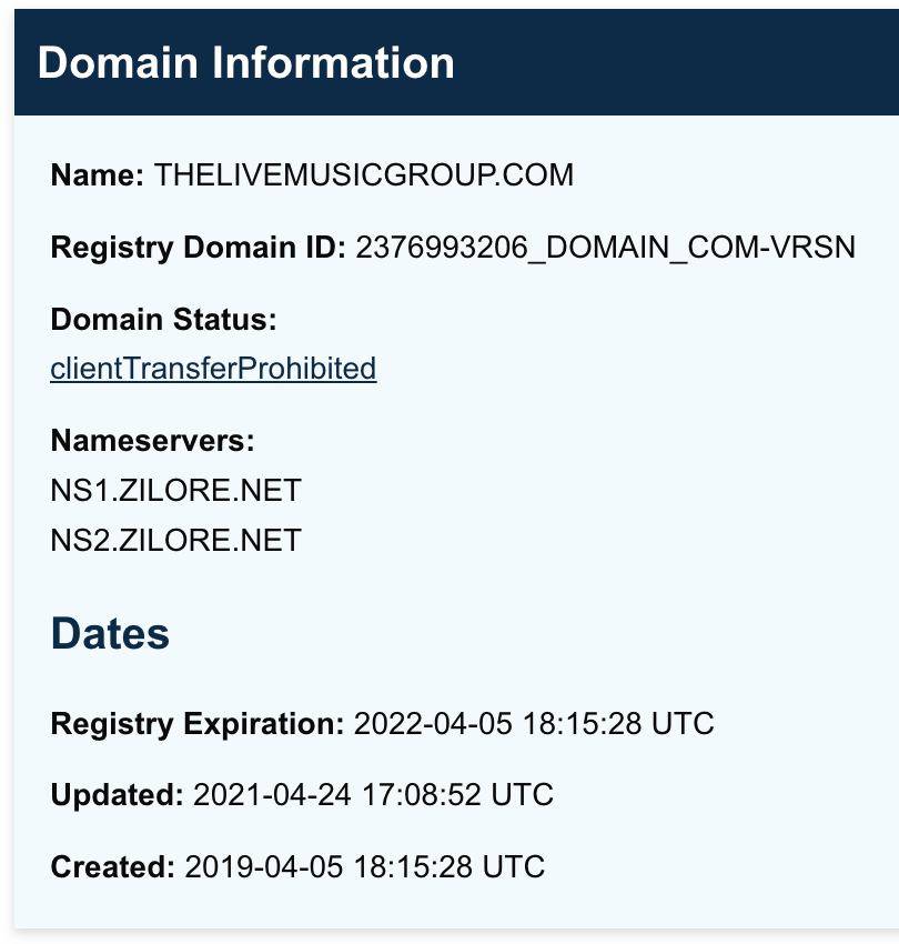 https://lookup.icann.org/lookup for thelivemusicgroup[.]com
