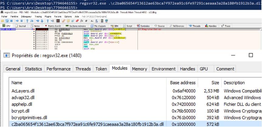 regsvr32.exe loading QBOT and calling its DllRegisterServer export.