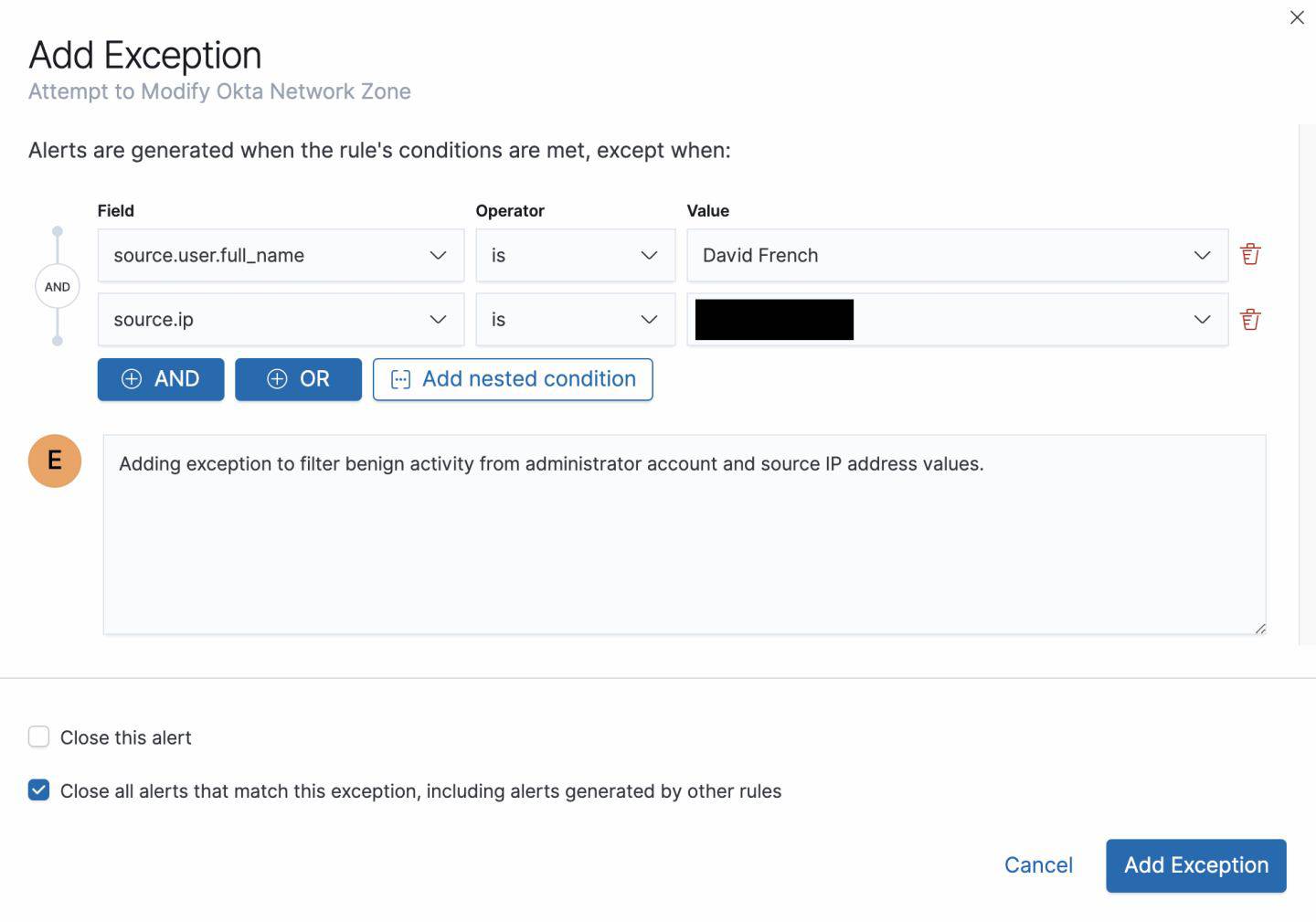 Figure 9 - Adding an exception to an Okta rule in Elastic Security