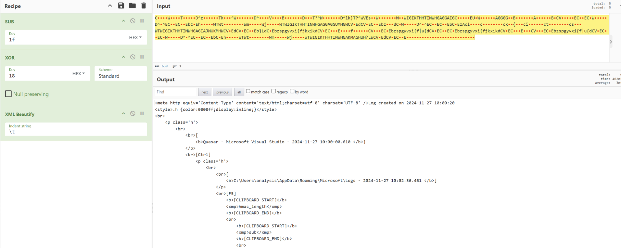 CyberChef recipe used to decrypt keylogger logs