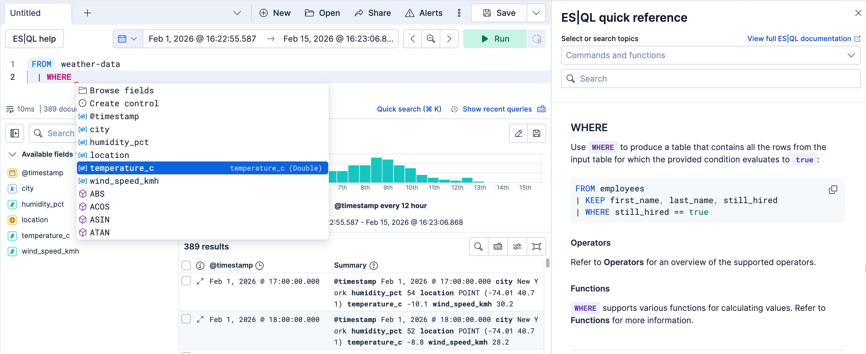 The ES|QL syntax reference and the autocomplete menu The ES|QL syntax reference and the autocomplete menu