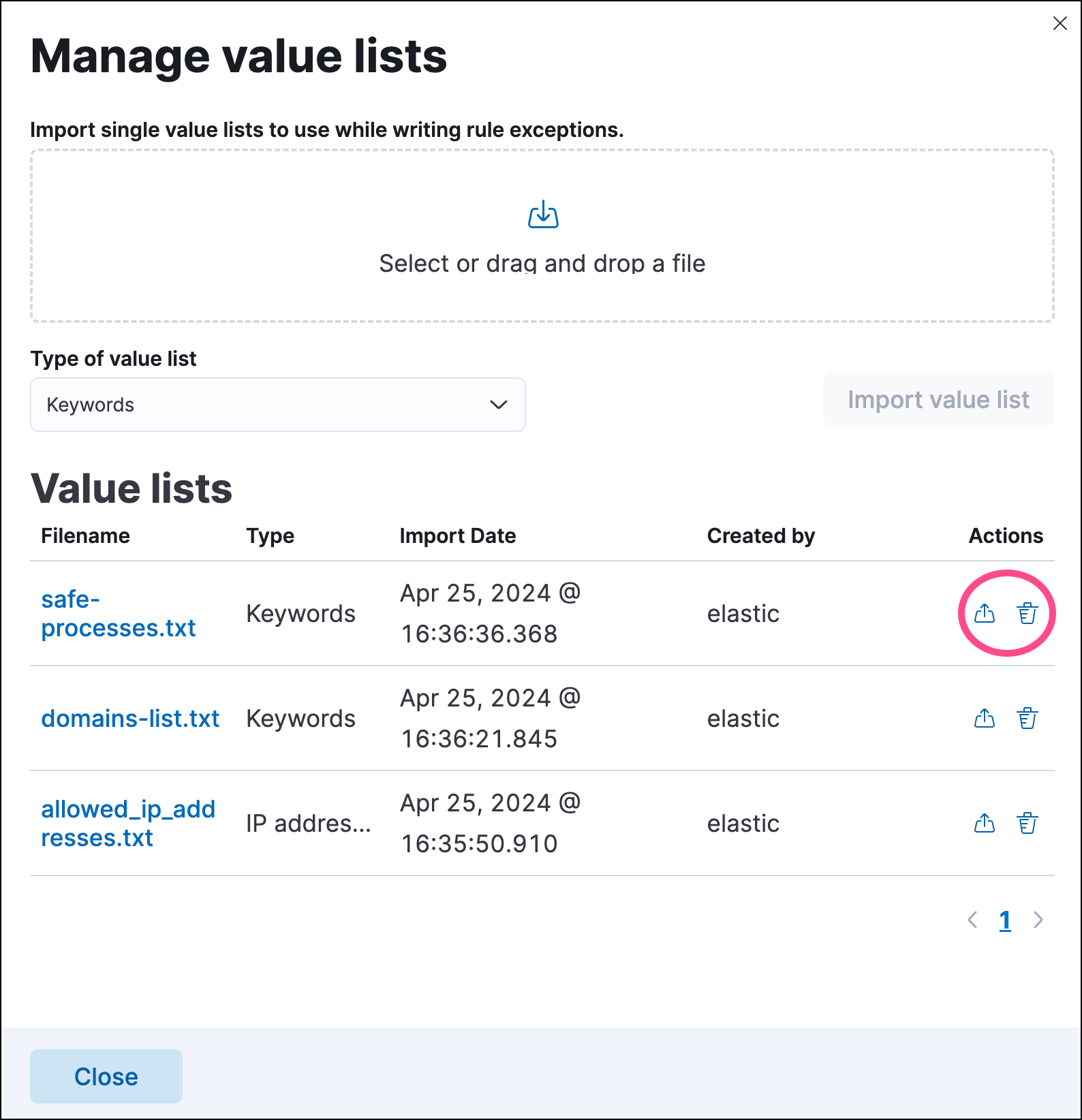 Import value list flyout with action buttons highlighted