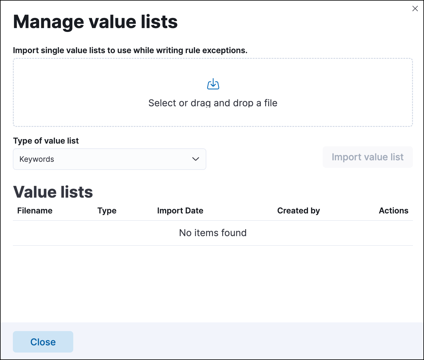 Import value lists flyout